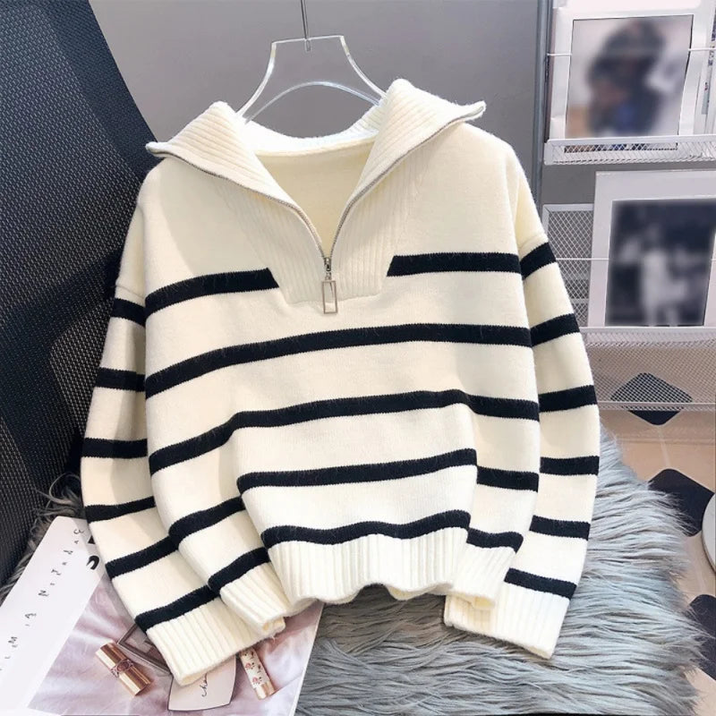 Ladies' Jumper Autumn/Winter - Thick Striped Jacket with Zip and Short Fit 